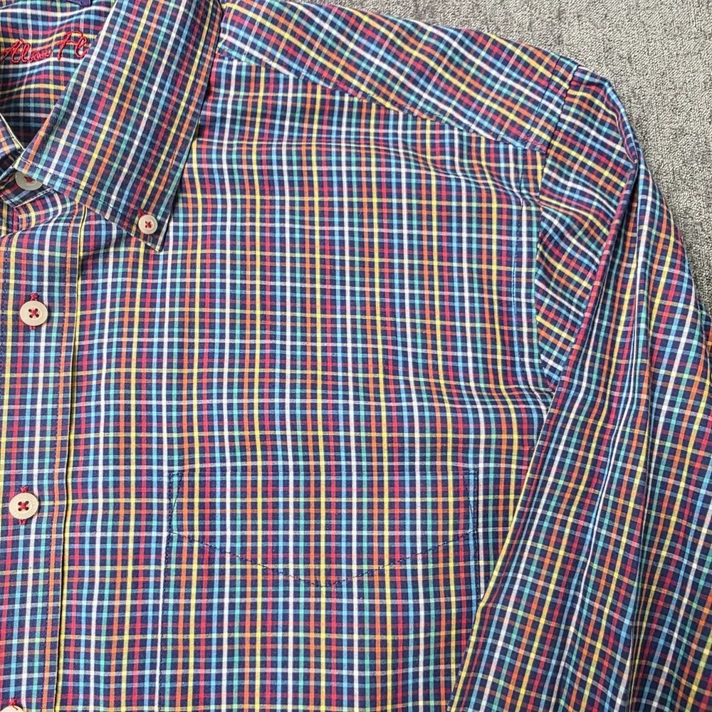 Alan Flusser Button Down Shirt Mens Large Rainbow Multicolor Plaid Long Sleeve L